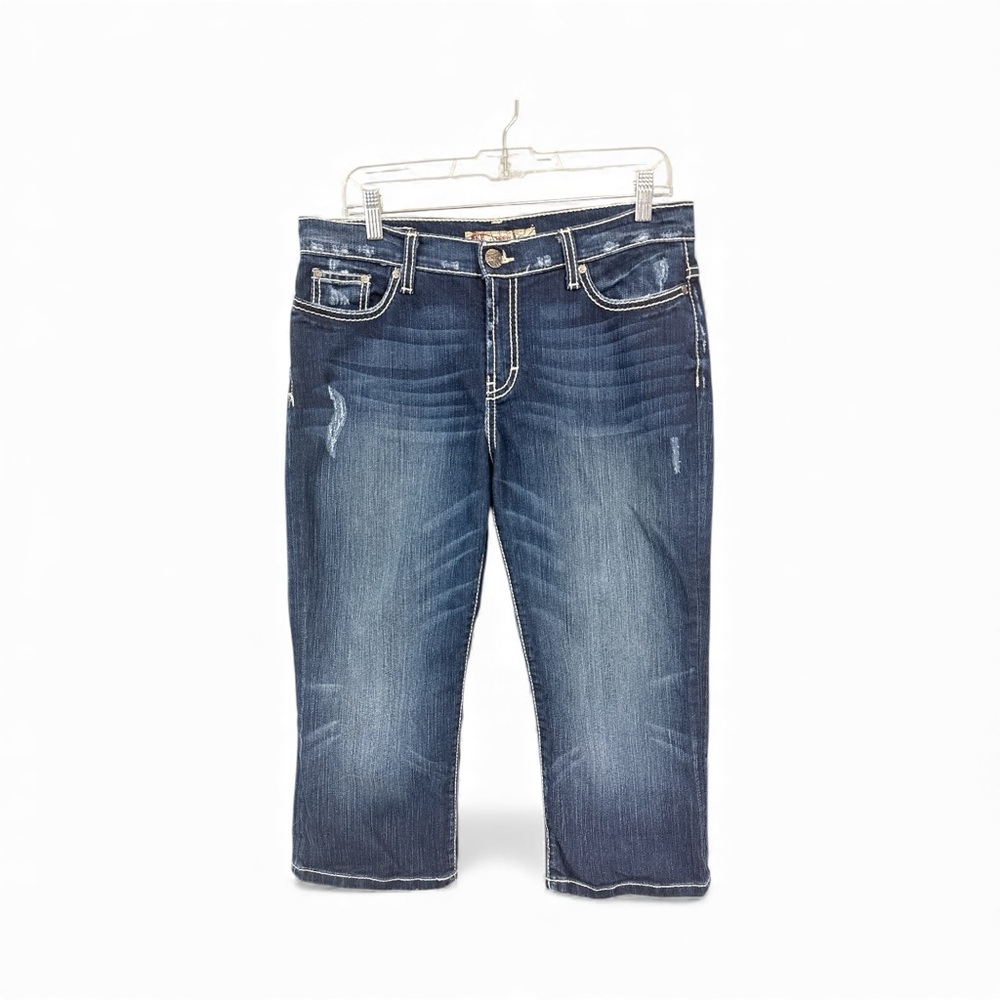 Buckle BKE Drew Cropped Capri Jeans Size 30 Blue Distressed Stretch Pockets